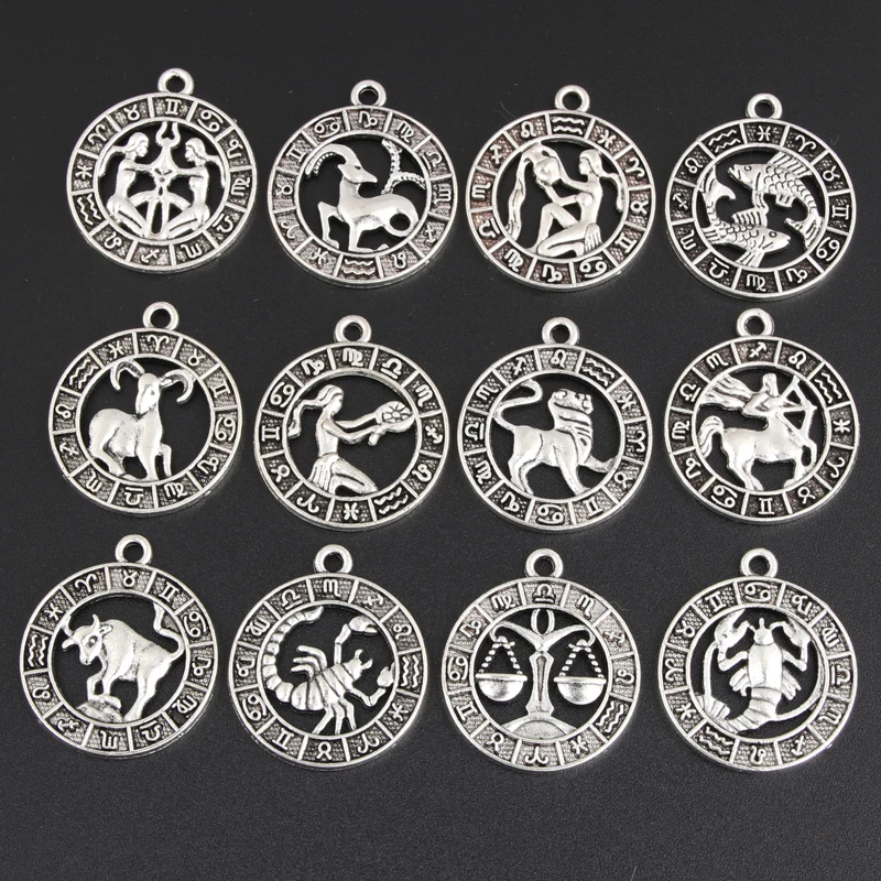 Silver/Gold Color 24x21mm Twelve Constellations Charms Zodiac Pendant For DIY Handmade Metal Astrology Jewelry Making Accessorie