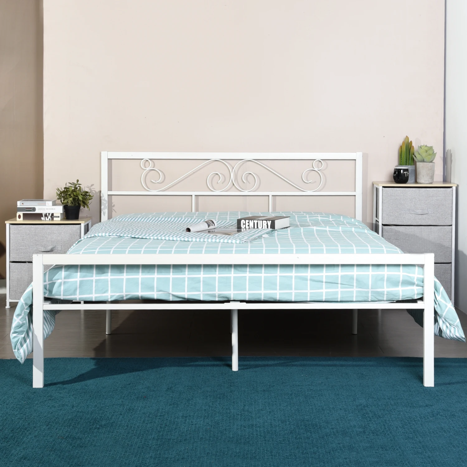 195 *146*90CM Full Metal Bed Frame with Headboard and Footboard Metal Platform Frames White Bedroom Furniture