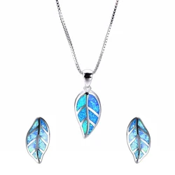 Fashion Leaves Design Jewelry Set Blue Imitation Fire Opal Pendant Necklace With Earrings For Women Accessories Party Loves Gift