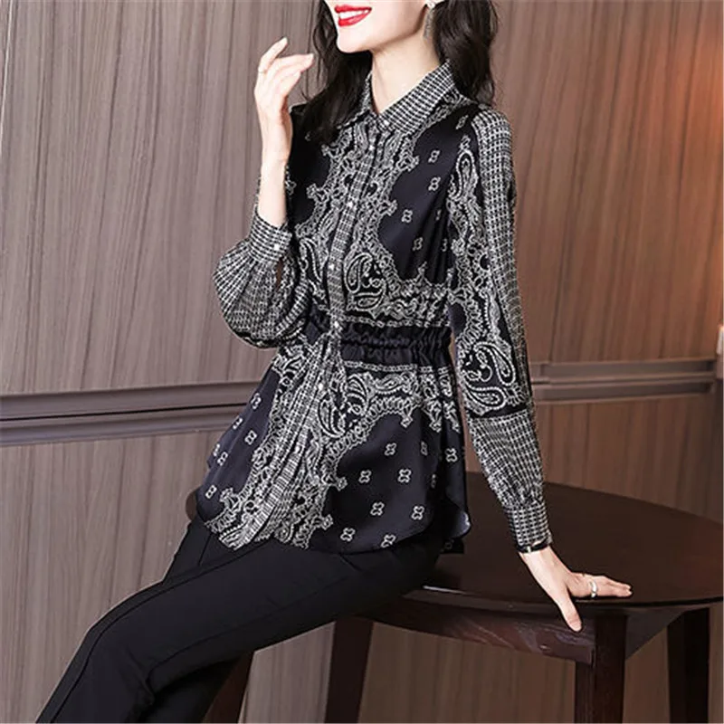 Black Vintage Shirts Women Spring Autumn Long Sleeve Floral Imitation Silk Blouses Fashion Print Tops Blusas MM1220