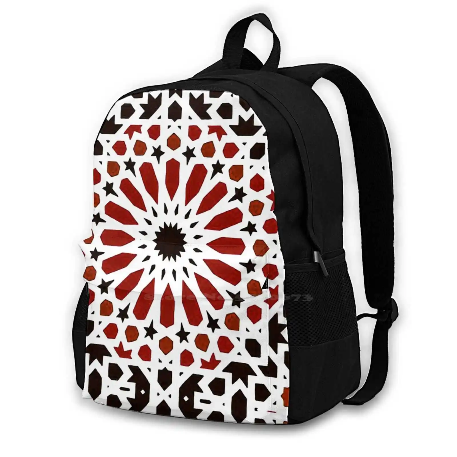 Black And Red Traditional Geometric Moroccan Artwork. Fashion Travel Laptop School Backpack Bag Moroccan Sahara Boho Hippie