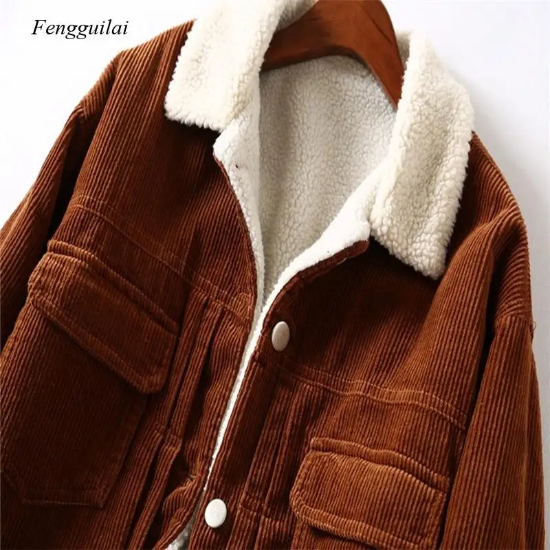 Corduroy Oversize Basic Jacket For Women Winter Thick Warm Coat Long Sleeve Turndown Collar Casual Single Breasted Outwears