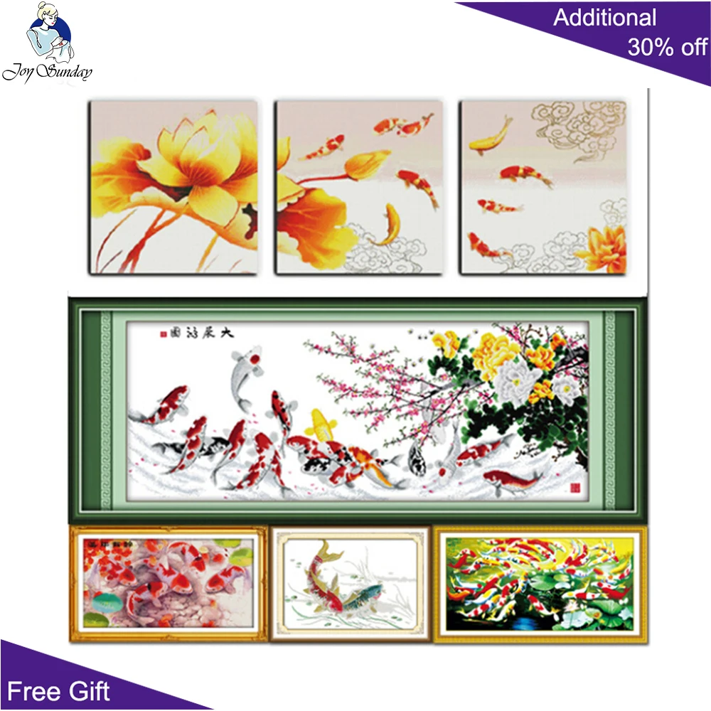 Joy Sunday-Cross Stitch Set, Fish Flowers Fortunes, Flourishing Ages Carps, Surplus Year After Year, D024(4) D026 D157 D164 D166