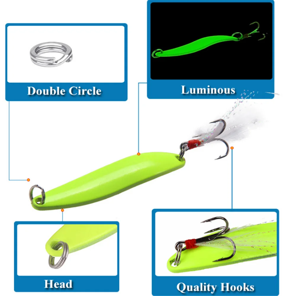 1Pcs 5g 7g 10g 13g Luminous Metal Fishing Lure Sequins Hard Bait Feather Hooks For Trolling Trout Spinner Spoon Bait Bass Pike