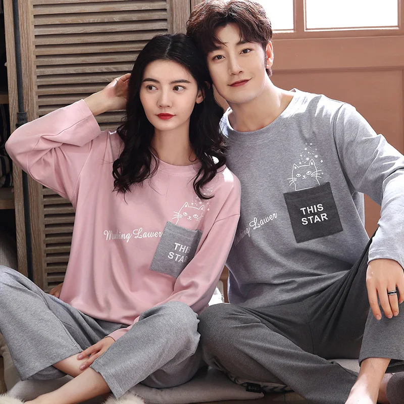 Couple Pajamas Set 100% Cotton Autumn Long Sleeves Pnats Home Suit Cartoon Lovers Sleepwear Comfortable Two-piece Female Pajamas