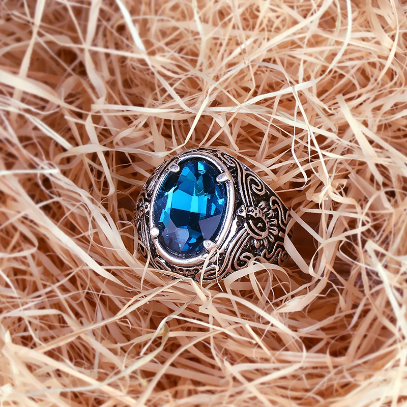 Kinel Hot Bohemia Blue Glass Rings For Womne Antique Pattern Silver Color Men Ring Vintage Jewelry Drop Shipping 2019 New