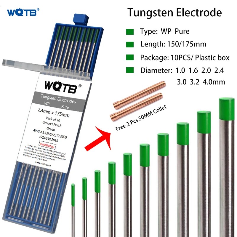 Eletrodos de tungstênio puro para alumínio, WP, 10PCs, 1,0mm, 1,6mm, 2,0mm, 2,4mm, 3,0mm, 3,2mm