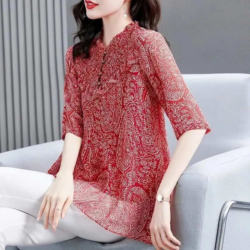 Fashion Floral Chiffon Women Spring Summer Casual Loose Blouses Elegant O-Neck Fungus Shirts Large Size Tops Blusas DM0105