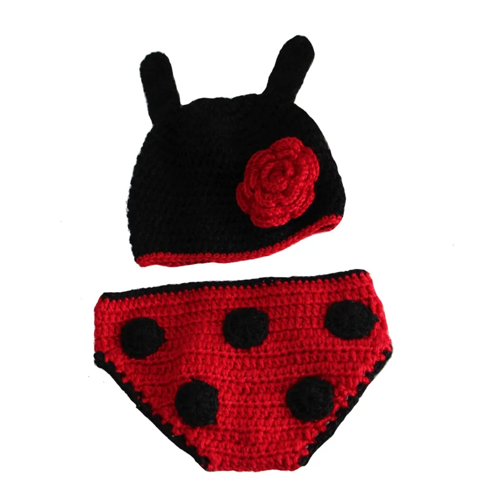 BomHCS Red Ladybug Hat Pant Infant Baby Crochet Costume Photography Prop Newborn Outfits Handmade Knitted Art