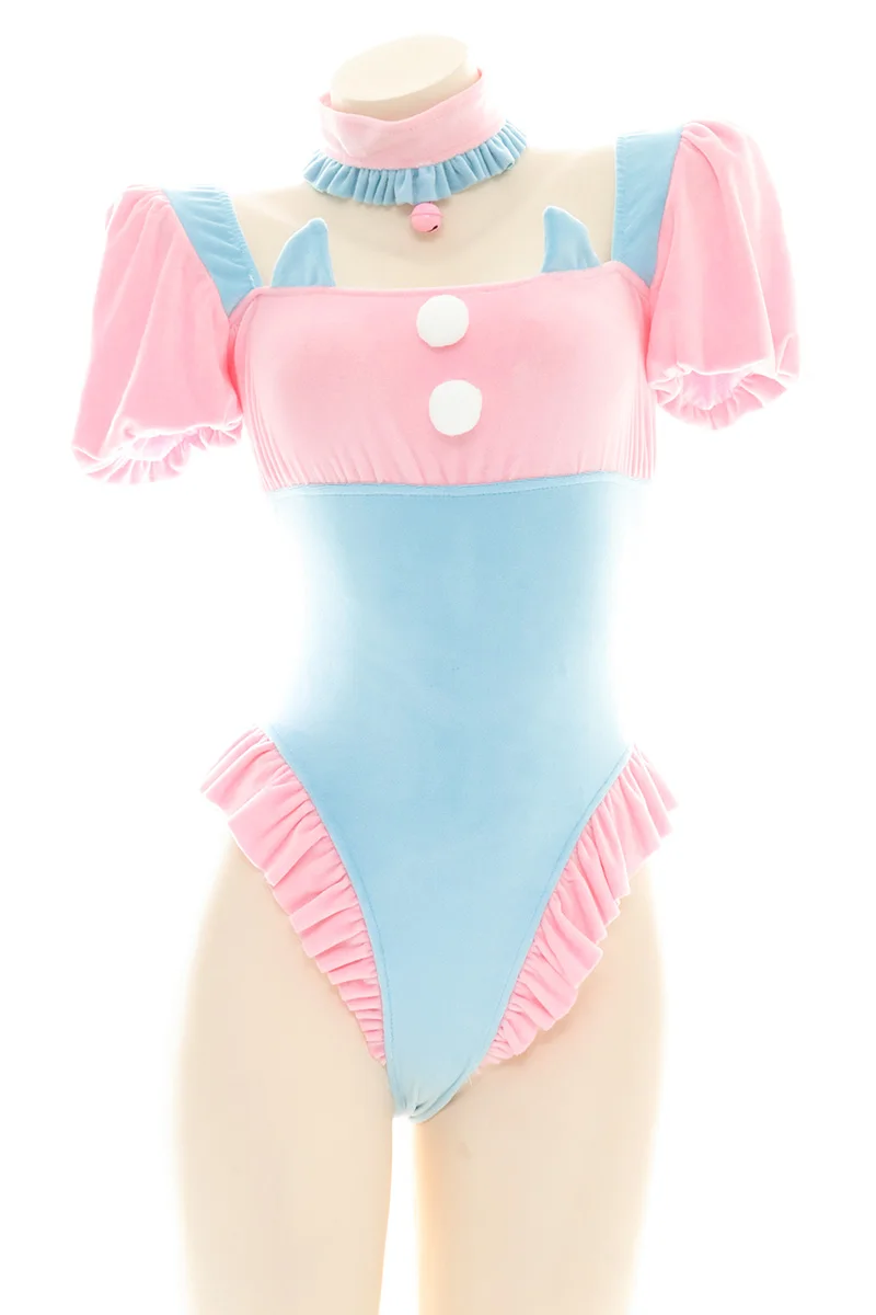 Sukumizu – pyjama de soirée en peluche rose et bleu pour femmes, ensemble de Lingerie à volants pour filles, vêtements de nuit mignons, dessin animé, Cosplay