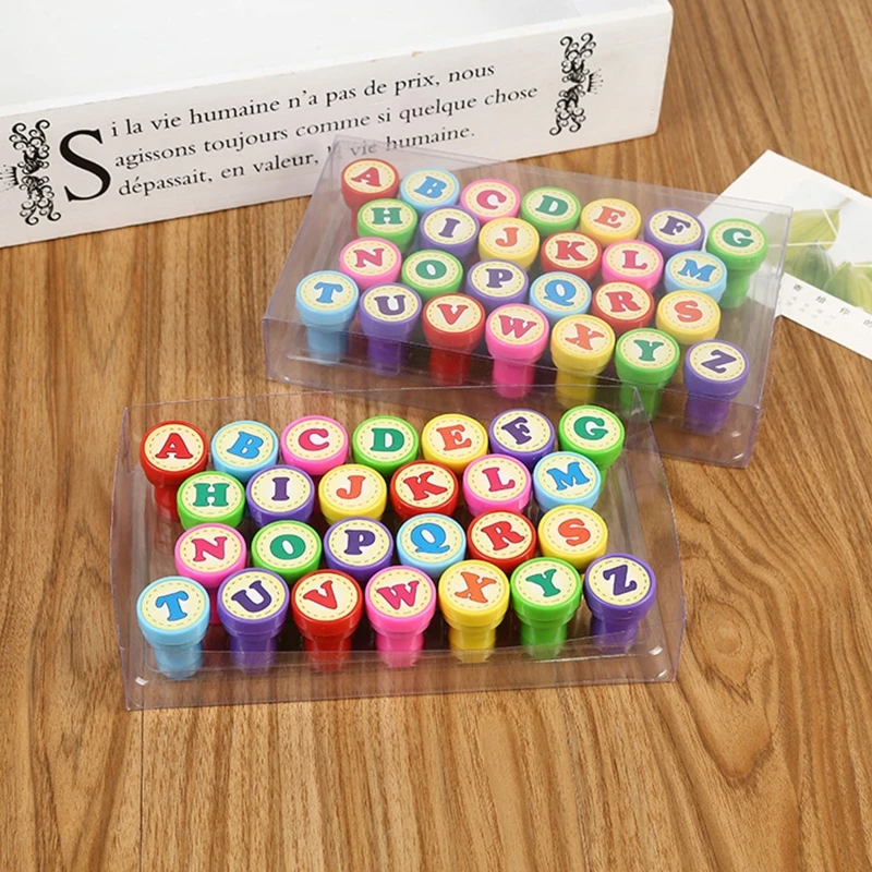 26 Pcs Alphabet Letters Runde Stempel Dichtung Kinder Geschenke Spielzeug Selbstfarb Scrapbooking Platte Tinte Pads Stamper