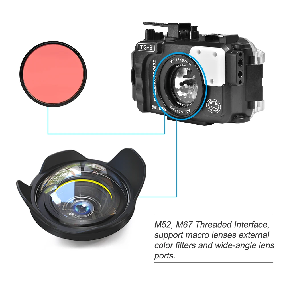 SeaFrogs Underwater Diving Camera Housing Waterproof Case For Olympus TG-4 TG5 TG6 TG-7 Case 52mm 67mm  M14 M16 Sea&Sea Nauticam