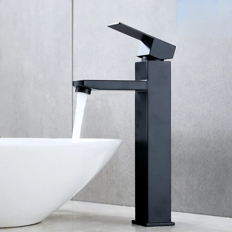 

Antique Black Paint Stainless Steel Bathroom Above Counter Basin Faucet, Square Heightened Hot and Cold Mixing Basin Faucet