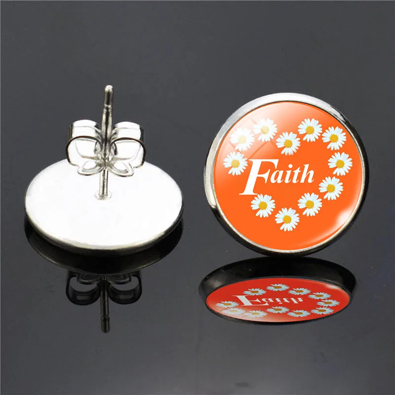 Daisy Pattern Stud Earrings Glass Cabochon Cute Flower Love Hope Princess Letters Earrings Fashion Women Gift