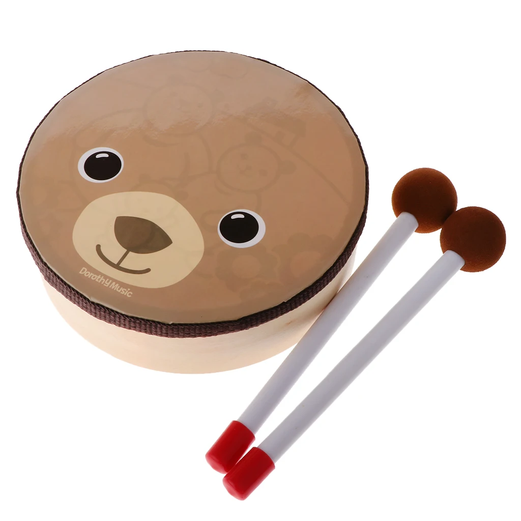 Tambor con patrón de oso de dibujos animados para niños, instrumento de percusión con palos de tambor, correa, Juguete Musical