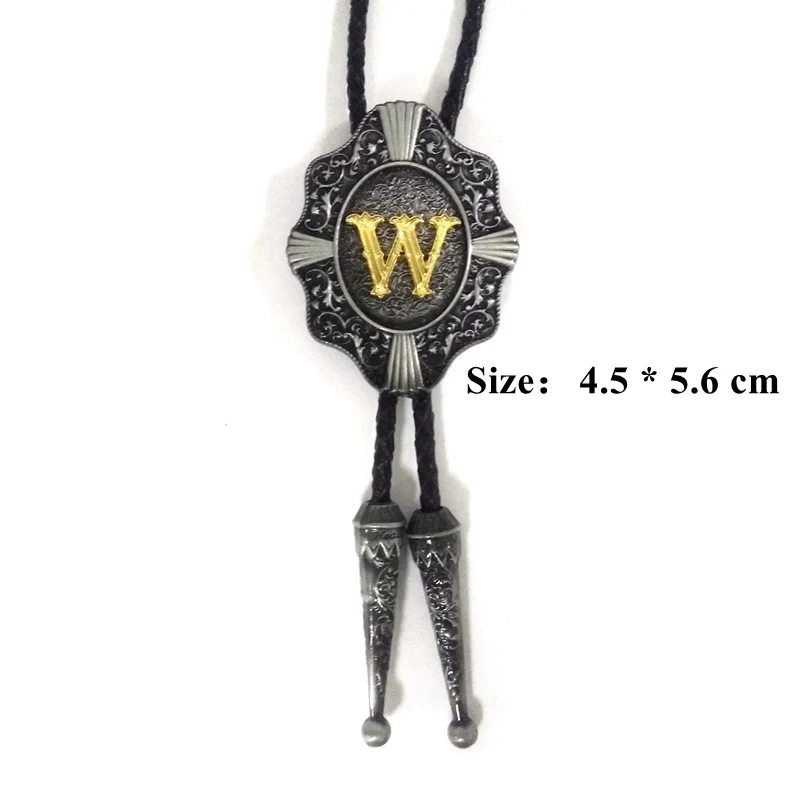 Golden Initial Letter A to Z Antique Silver Western Cowboy Rodeo Bolo Tie Adjustable Novelty Neckties for Men Accessories Gifts