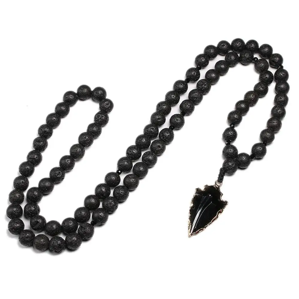 Natural Lava Beads Necklace Obsidian Arrow Pendant Vintage Necklaces Women Men Jewelry Yoga Mala Meditation