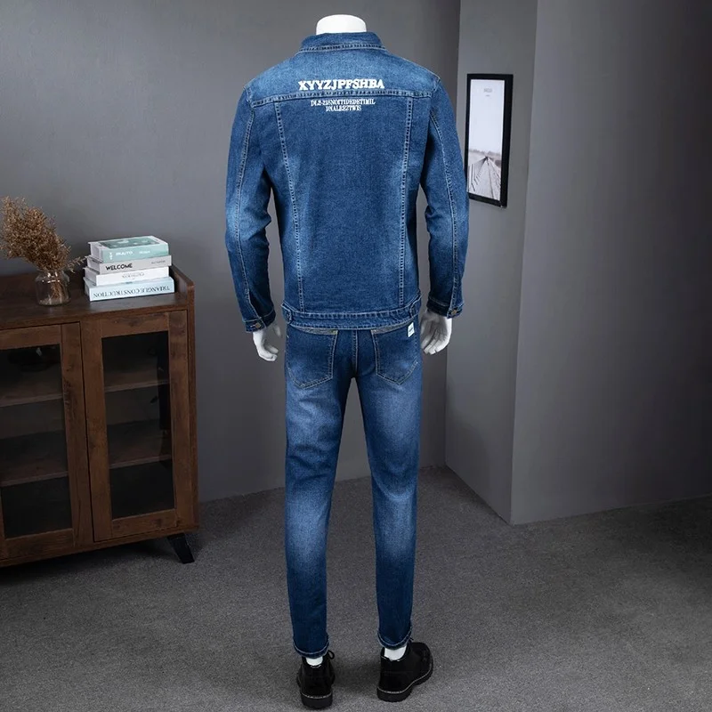 Two Cowboy Piece Sets Men Slim Fit Denim Jacket Jeans Cargo Matching Set Casual Streetwear Man Spring Autumn Embroidery Outfits