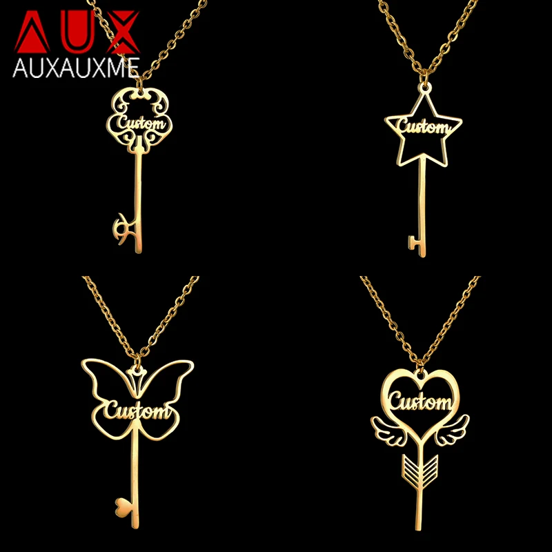 

Auxauxme Custom Butterfly Heart Star Key Name Pendant Necklace Stainless Steel Personalized Nameplate Jewelry Gifts Dropshipping