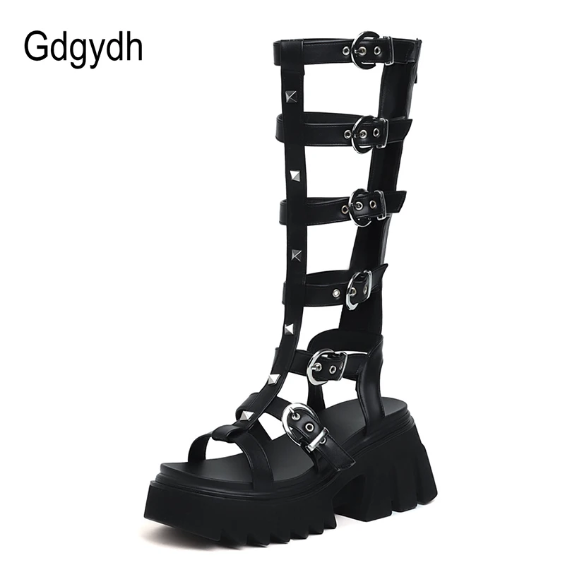 Gdgydh Belt Buckle Strap Black Platform Shoes Punk Gothic Summer Shoes Fashion Rivet Gladiator Platform Sandals Plus Size 43