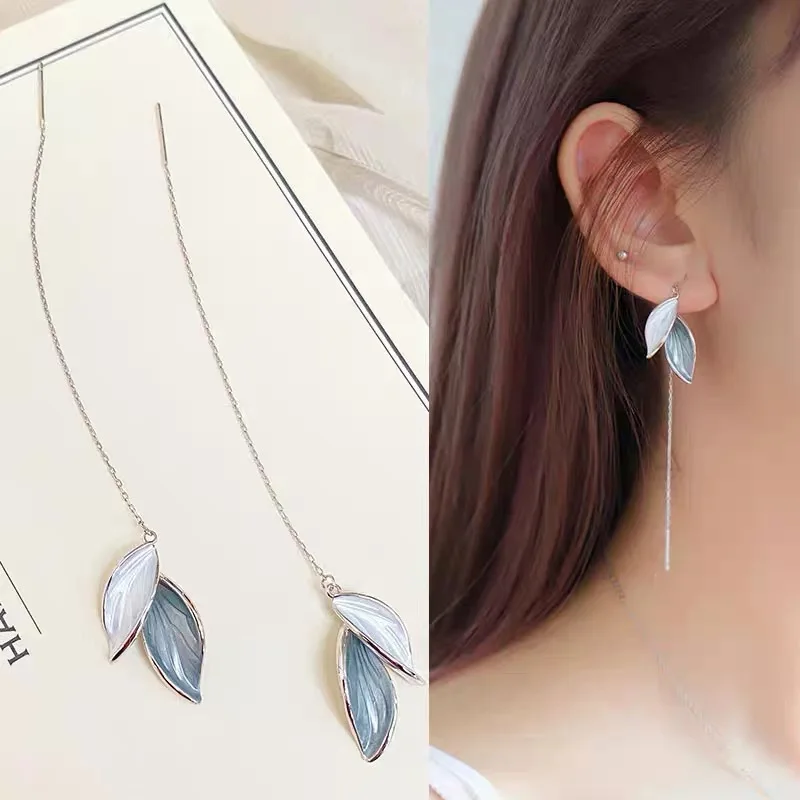 2024 New Arrival Metal Trendy Summer Fresh Lovely Sweet Long Tassel Green Leaf Dangle Earrings For Women Fashion Metal Jewelry