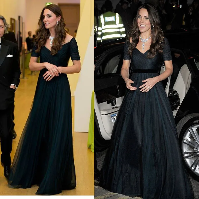 Kate Middleton Celebrity Jurken Navy Blue A Line Chiffon Formele Jurk Met Korte Mouwen Elegant Floor Lengte Вечерние Платья