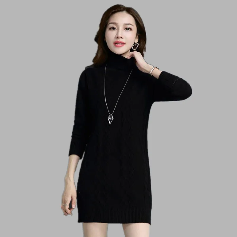 Zimowy damski golf sweter pulower nowy jednolity długi rękaw średniej długości ciepły dzianinowy sweter damski odzież topy AH10