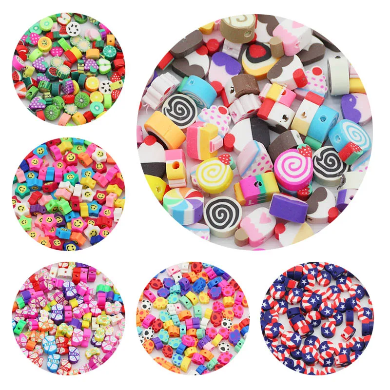 50 Stück Mix Farbe Obst, Sterne, Eis, Schmetterlinge, Flagge Polymer Clay Spacer lose Perlen für Schmuckherstellung DIY Armbänder Halskette
