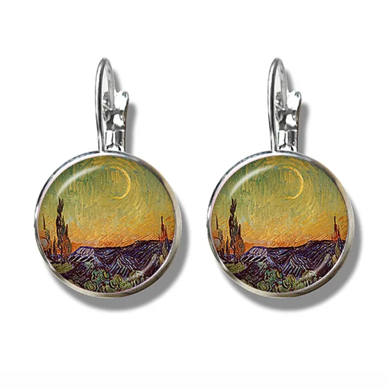 Van Gogh Sunflowers Art Vintage Solver-plated Earrings Glass Cabochon Dome Stud Earrings Jewelry For Women Girls Gift