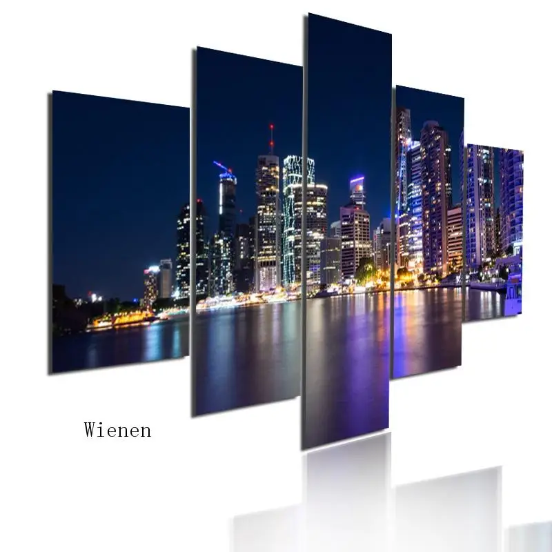 Modern City Night Wall Art Canvas Painting and Prints 5 Pieces Art Poster Pictures for Living Room Decoration No Frame