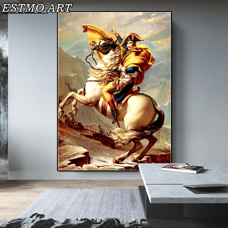 Classic Art Oil Painting Napoleon Across The Alps Retro Figure Man Mountain Wall Poster for Living Decoration Canvas Paintings