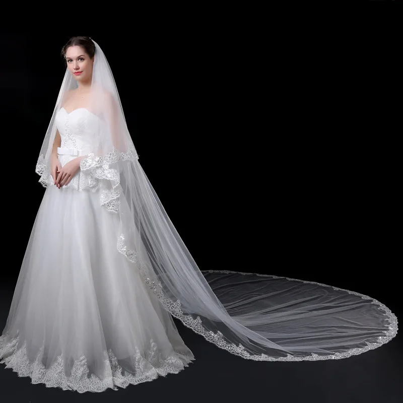 JaneVini 2019 Elegante Cattedrale Avorio Veli Da Sposa con Pettine Due Strati di Paillettes Appliques Bordo Lungo Velo Da Sposa Voile 5M mariage