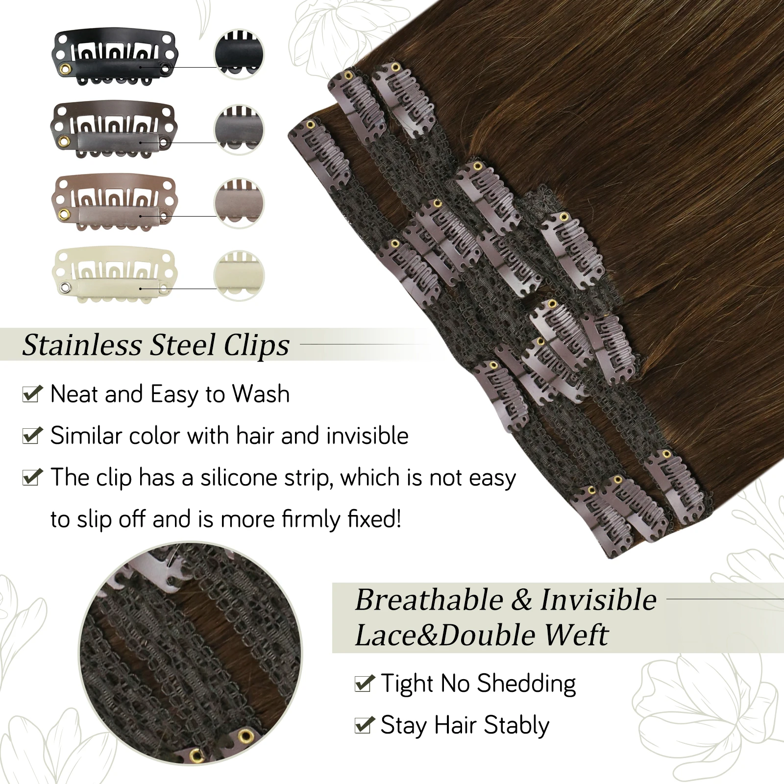VeSunny-extensiones de cabello con Clip, cabello humano 100% Remy, rubio caramelo, doble trama, marrón, 7 unidades por juego