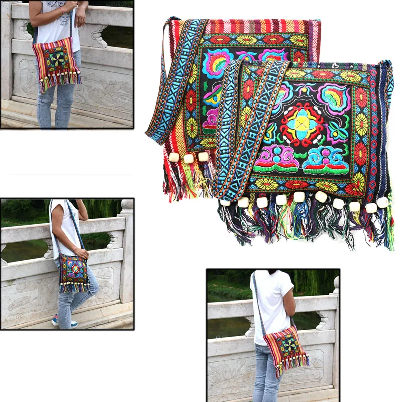 จีน Hmong ไทยเย็บปักถักร้อย Hill Tribe Totes Messenger กระเป๋า Tassels Boho Hippie