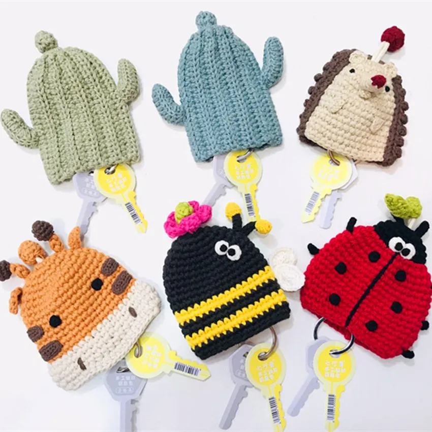 Afbeelding 3: Met de hand gebreide autosleuteletui cartoon sleuteletui wollen breien mini-sleutelbeschermingshoes schattige mini-tas Sleutelportemonnee Portfel Damski