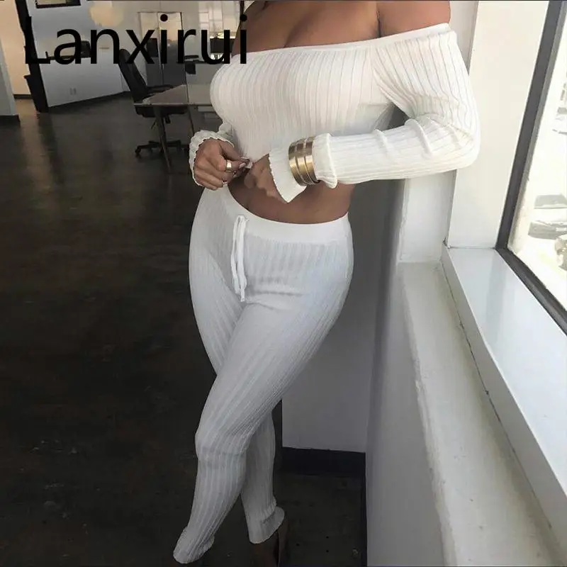 New Sexy Cotton Two Pieces Set Women Club Wear Slash Neck Crop Tops And Pencil Pant Long Sleeve Two Pieces Outfits