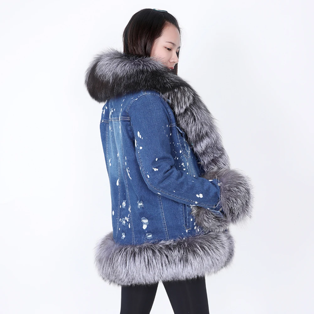 MAOMAOKONG 2020 winter warm detachable fox fur lining denim jacket natural real raccoon fur collar female jacket Women\'s coat