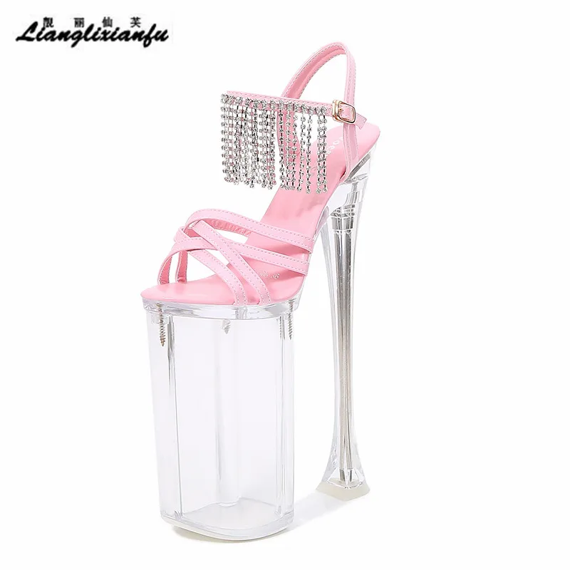 

Luxurious 26cm Thin High Heels Rhinestone Tassels Sandals female 16cm Platform bridal shoes women Steel Pipe Dance Buckle Pumps