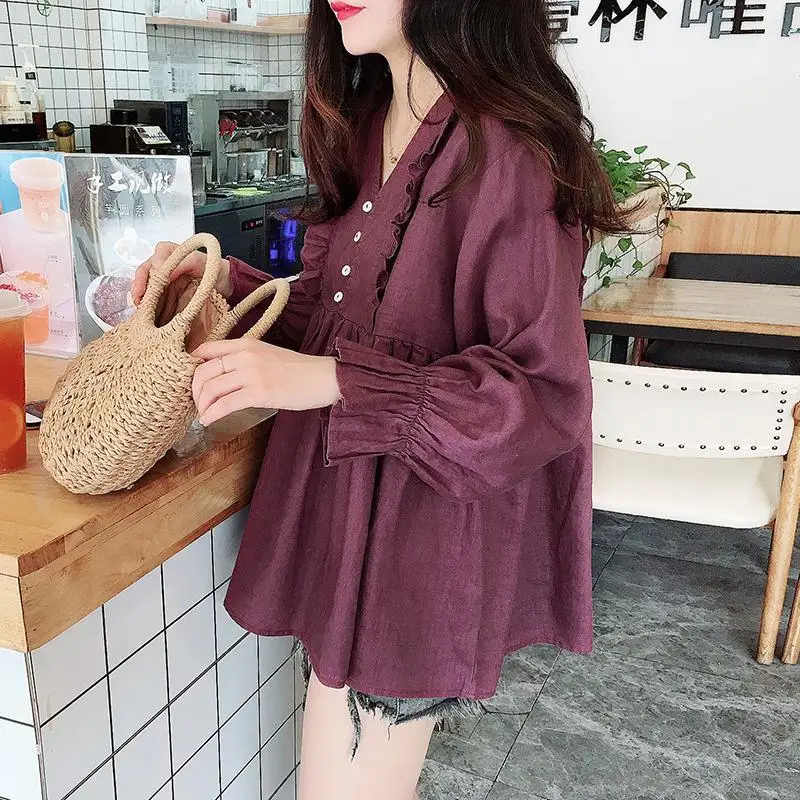 Ladies Shirt Baby Shirt Top Korean Version of The Early Autumn Sweet Foreign Style V-neck Lace Flared Sleeve Shirt