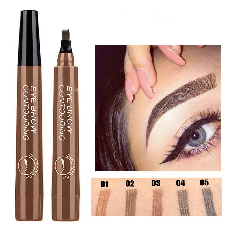 4 Points Eyebrow Pen 5 Colors Liquid Brow Pencil Dark Brown Microblading Eyebrow Pencil Waterproof Eyebrow Tattoo Pen Cosmetic