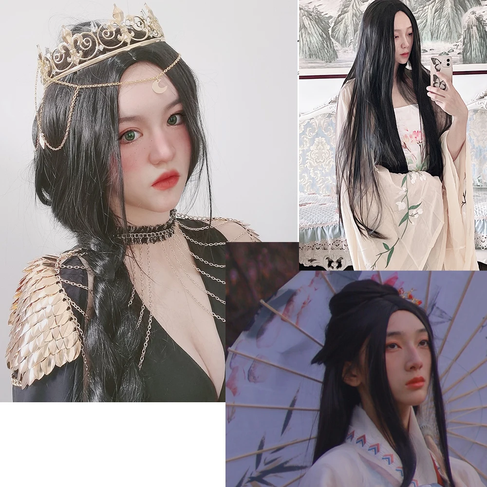 HSIU High Quality 100cm Long Straight Wig central parting Cosplay Wig black Costume Play Wigs Halloween party Anime Game Hair