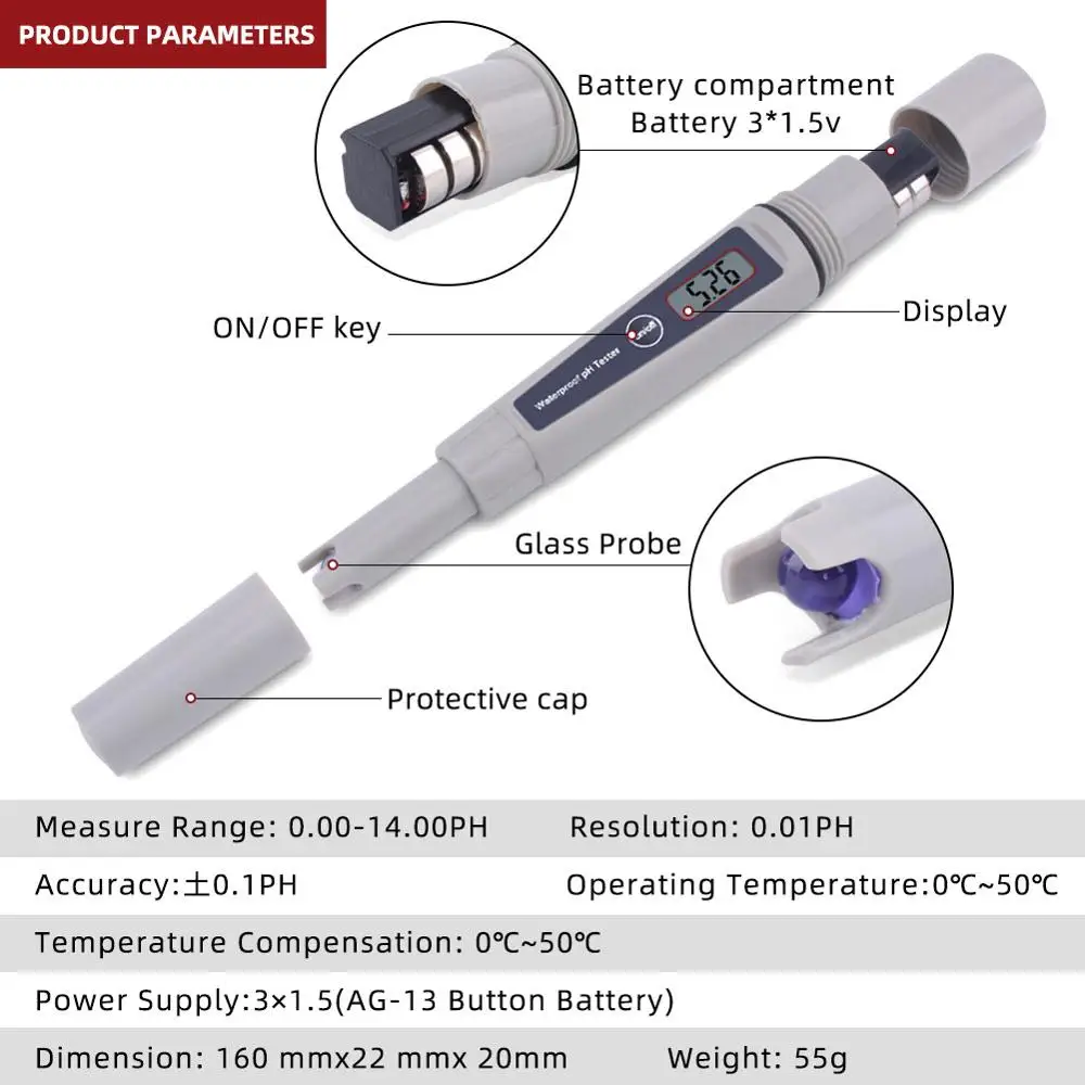 yieryi PH-032K Pocket Pen Water test Digital PH Meter Tester PH-009 IA 0.0-14.0pH for Aquarium Pool Water Laboratory