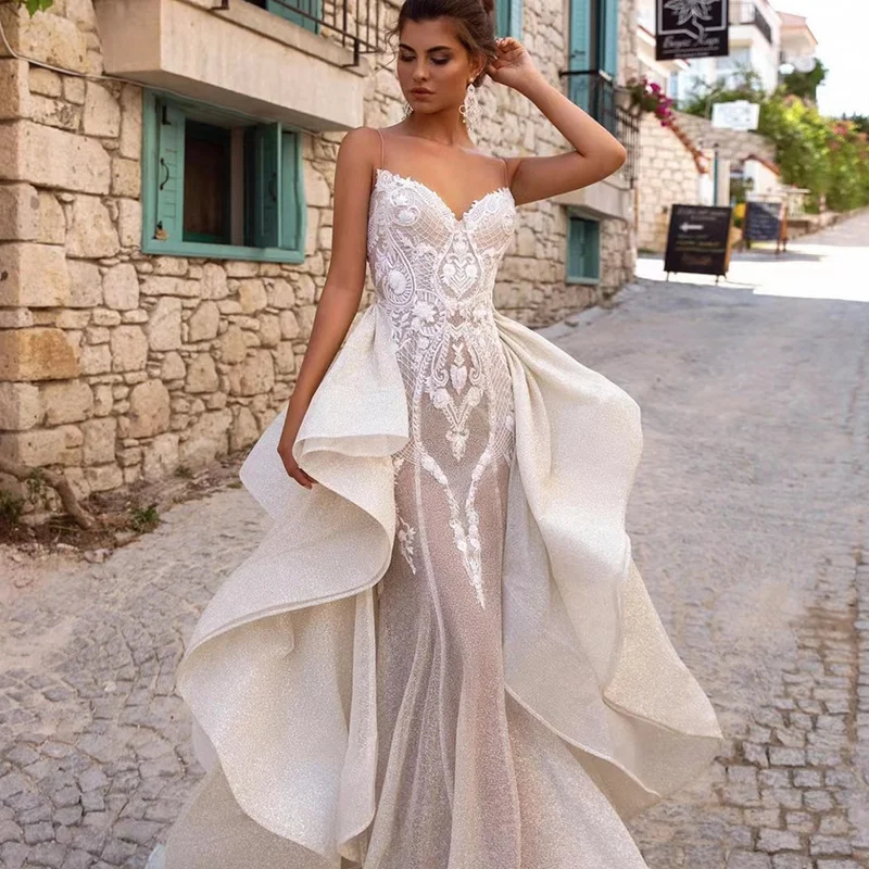 

Backless Mermaid Wedding Dress Spaghetti Strap Sleeveless Bridal Gown Custom Made Detachable Train Floor Length Robes De Mariée