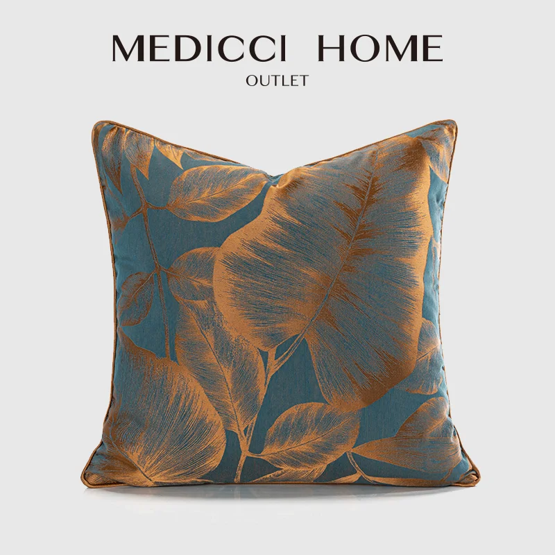 Medicci Home Modern Simple Cushion Cover Light Luxury Lake Blue Orange Banana Tree Leaves Jacquard Throw Pillow Case 50x50cm