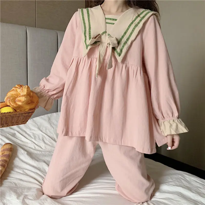 Women Long Sleeve Plaid Pajama Sets Sweet Princess Lace Turn Down Collar Cute Sleepwear Korean Lounge Two Pieces Pyjamas Female