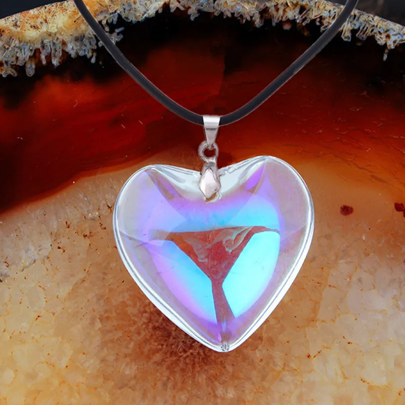 Unique Clear White gradually-changed color Crystal Glass Heart Pendant & Chain Necklace Angel Aura rainbow heart necklace