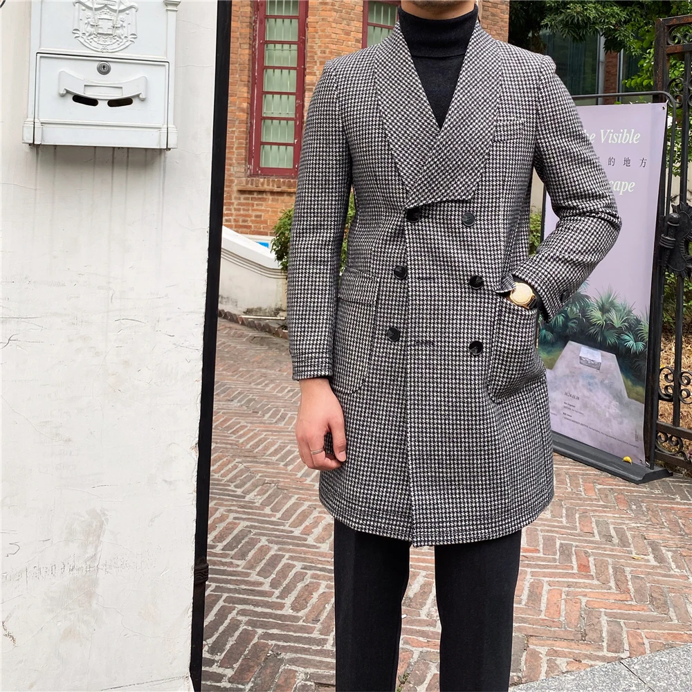 Pied de poule hommes costumes sur mesure châle revers marié fête smoking hiver manteau pour hommes une pièce