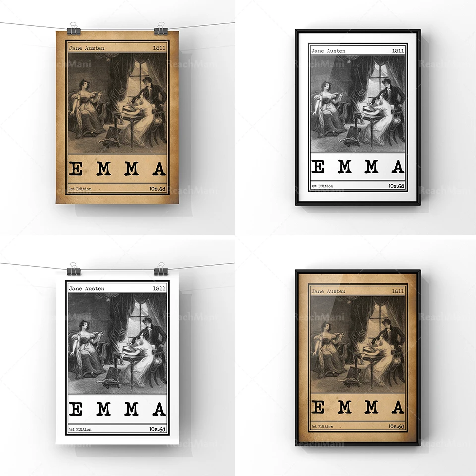 إيما غلاف الكتاب الفن التوضيح ملصق |   طباعة إعلانية لكتاب الرواية الرومانسية الكلاسيكية من جين أوستن |   الأدبية الرومانسية غير المؤطرة