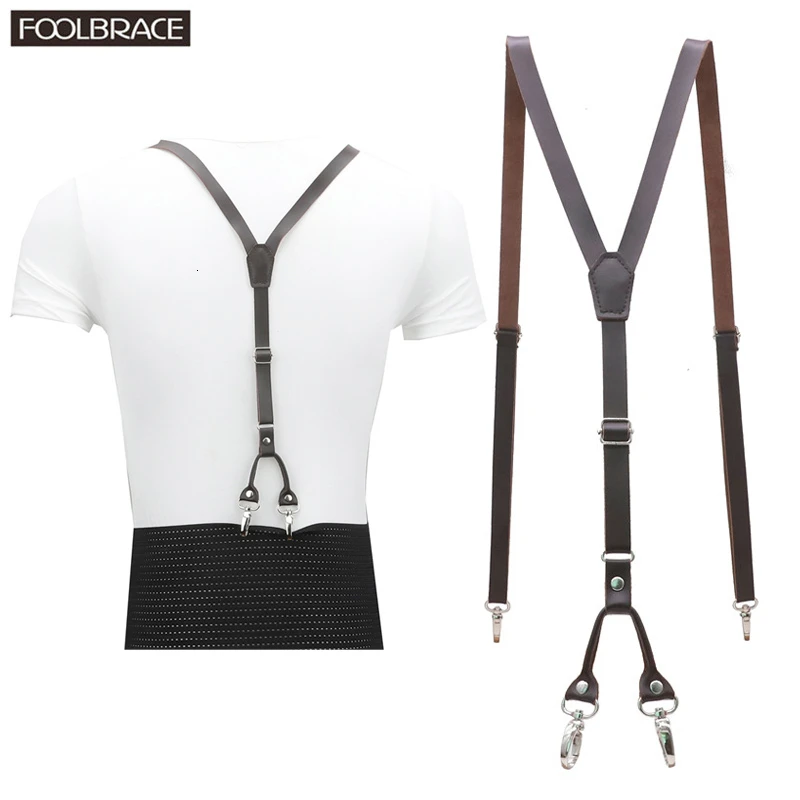 4 Clips Hook 2nd Level Genuine Leather Men\'s  Suspenders 1.5cm Width Skinny Women\'s Pants With Adjustable Suspender