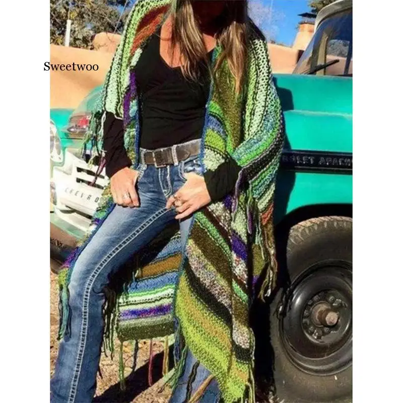 

Women Vintage Cardigan Sweater Knitted Cardigan Winter Women Multicolor Print Ethnic Wind Knit Cardard Bat Sleeve Tassel Coat